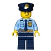Policeman, Bright Light Blue Shirt with Dark Blue Tie, Badge, and Radio on Belt, Dark Blue Hat with Badge