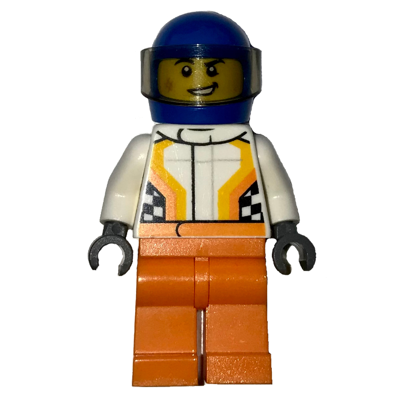 LEGO Racer, White and Orange Jumpsuit, Blue Helmet with Visor (fig-001663)