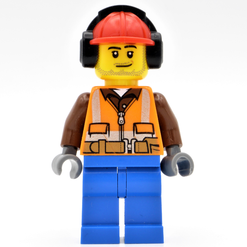 LEGO Construction Worker, Orange Safety Vest with Zipper over Reddish Brown Shirt, Blue Legs, Red Hard Hat with Ear Defenders, Stubble (fig-001664)