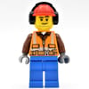 Construction Worker, Orange Safety Vest with Zipper over Reddish Brown Shirt, Blue Legs, Red Hard Hat with Ear Defenders, Stubble