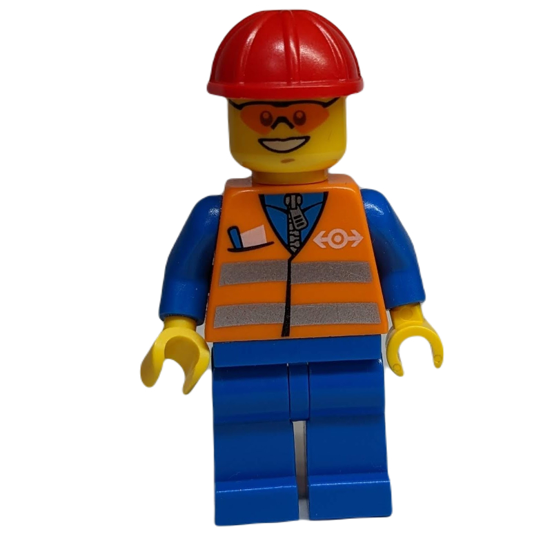 LEGO Train Worker - Orange Torso, Blue Legs, Red Helmet (fig-001668)