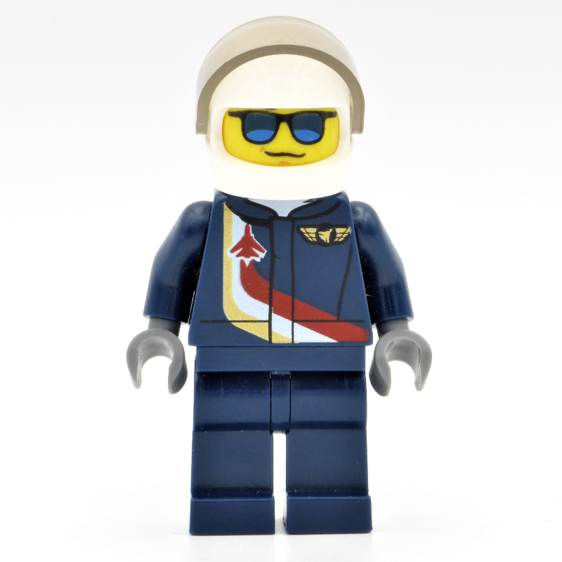 LEGO Pilot, Dark Blue Jumpsuit with Plane and Wings Badge, White Helmet with Visor, Blue Sunglasses (fig-001676)