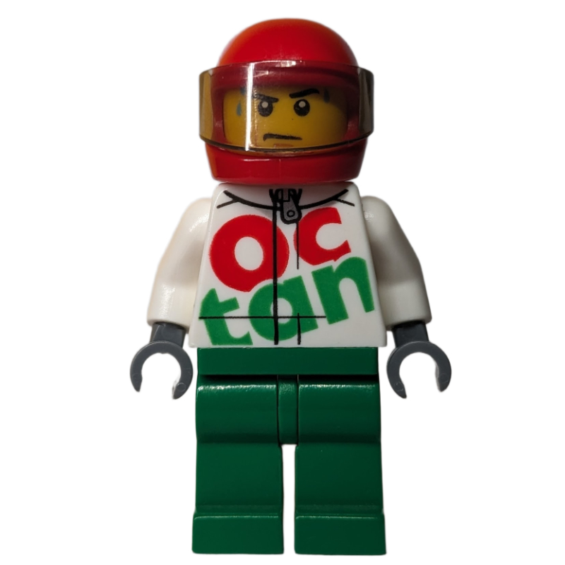 LEGO Racer, White and Green Jumpsuit with Large 'Octan', Red Helmet with Visor, Sweat Beads (fig-001677)