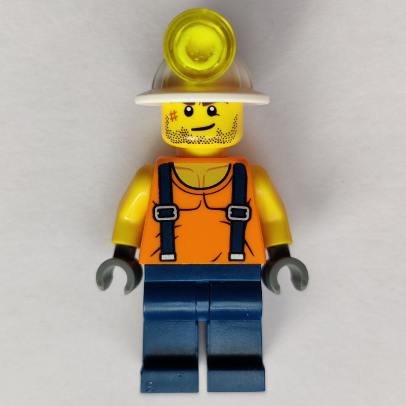 LEGO Miner, Orange Vest with Suspenders, Mining Hat, Stubble and Scar (fig-001678)