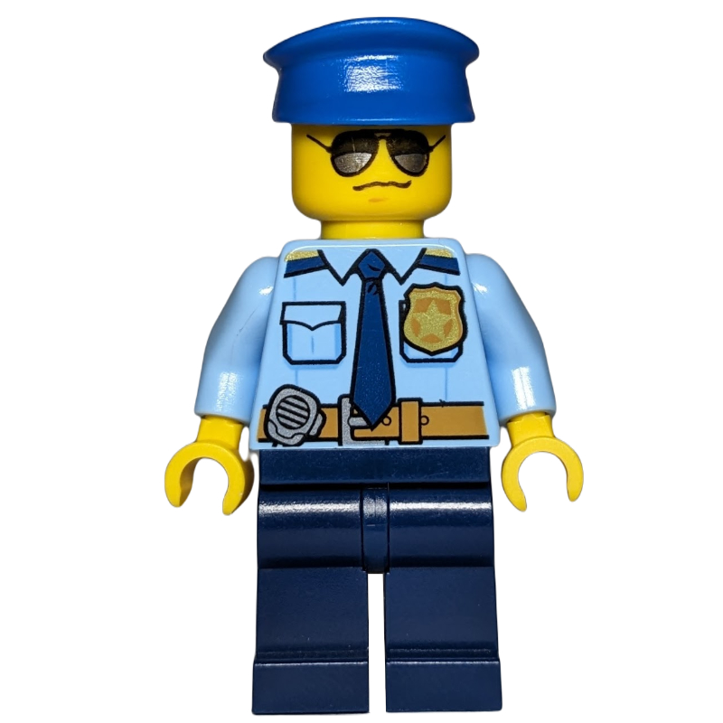 LEGO Policeman, Bright Light Blue Shirt with Dark Blue Tie, Badge, and Radio on Belt, Dark Blue Legs, Blue Hat, Sunglasses (fig-001682)