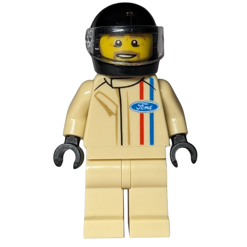 LEGO Race Driver, Tan Torso, Tan Legs, Black Helmet, Ford (fig-001726)