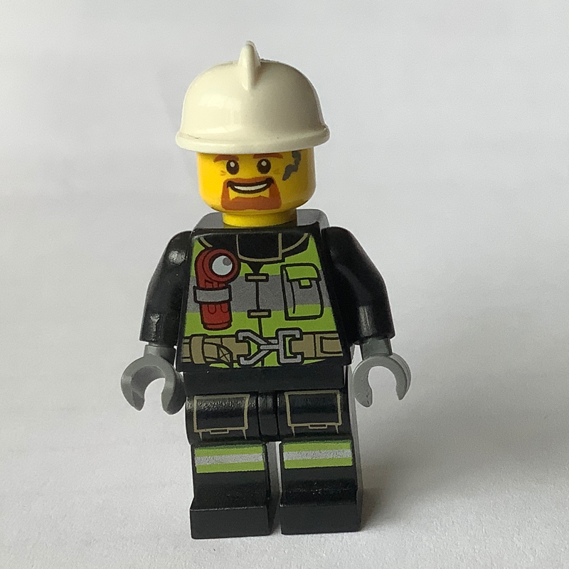 LEGO Fireman Fred, Black Fire Suit with Gauge and Straps, White Helmet, Goatee Beard (fig-001729)