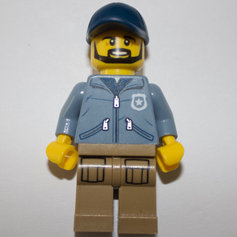 LEGO Policeman Ranger Ralph, Sand Blue Jacket with Pockets and 'POLICE' on Back, Dark Blue Cap, Beard (fig-001730)
