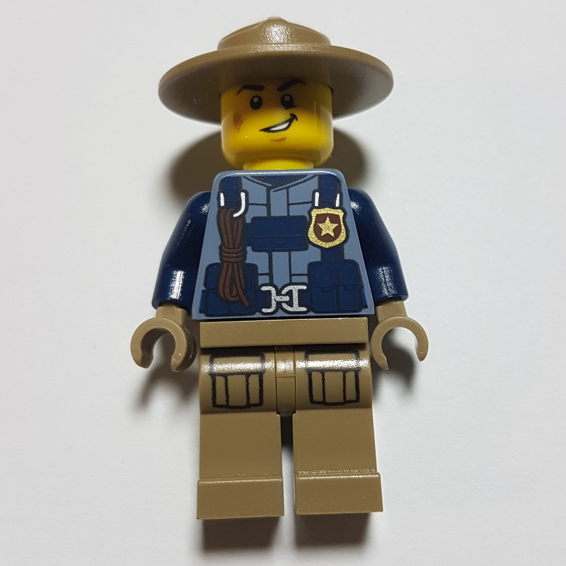 LEGO Policeman, Sand Blue Jacket with Badge, Rope, and Straps, Tan Campaign Hat (fig-001732)