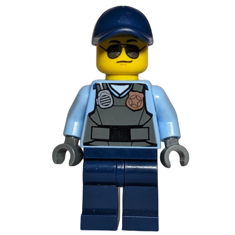 LEGO Policeman, Dark Bluish Gray Vest with Radio, Badge, and 'POLICE' on Back over Medium Blue Shirt, Dark Blue Cap, Sunglasses (fig-001733)