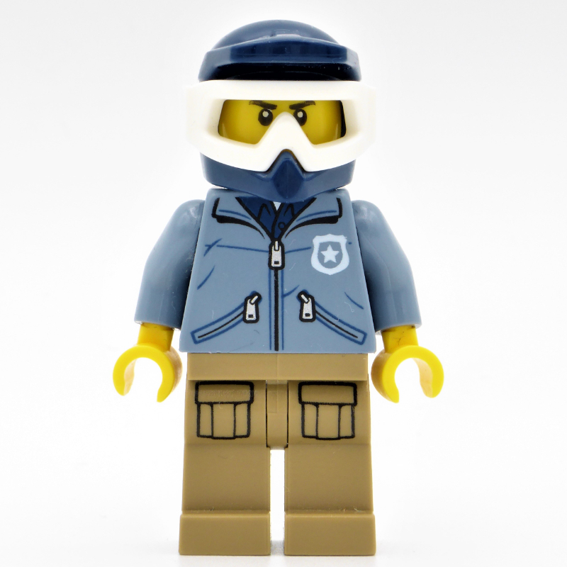 LEGO Policeman, Sand Blue Jacket with Pockets and 'POLICE' on Back, Dark Blue Dirt Bike Helmet with Goggles (fig-001847)