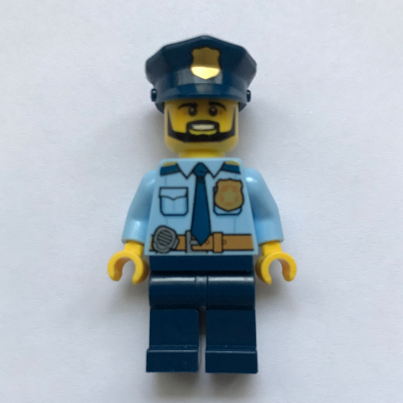 LEGO Policeman Captain Ember, Bright Light Blue Shirt with Radio and Badge, Dark Blue Legs, Police Hat with Badge, Beard (fig-001869)