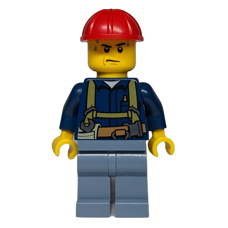 LEGO Construction Worker, Dark Blue Shirt with Harness, Red Hard Hat, Sweat Drops (fig-001873)