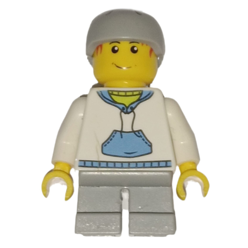 LEGO Boy, White and Blue Hoodie, Short Light Bluish Gray Legs, Light Bluish Gray Helmet (fig-001879)