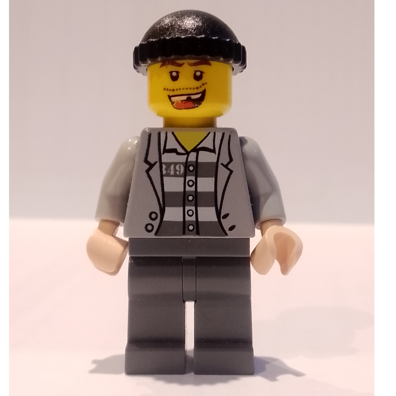 LEGO Criminal, Open Light Bluish Gray Jacket over Prison Shirt, Light Bluish Gray Legs, Black Hat, Missing Tooth (fig-001883)