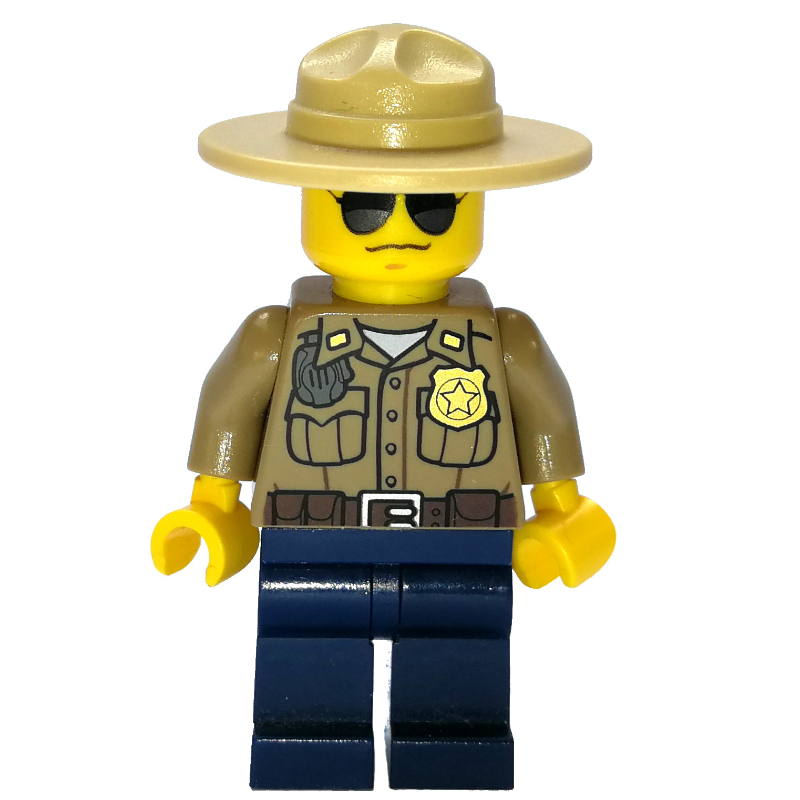 LEGO Forest Police / Ranger, Dark Tan Shirt with Radio and Badge, Dark Blue Legs, Tan Campaign Hat, Sunglasses (fig-001885)