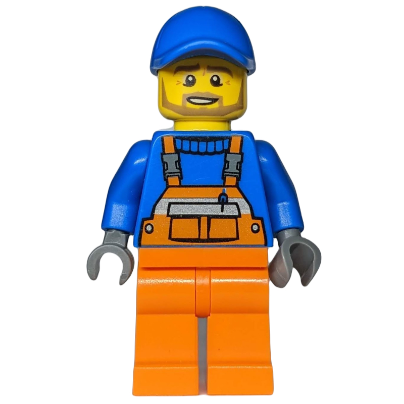 LEGO Construction Worker, Orange Overalls over Blue Sweater, Blue Cap, Dark Tan Beard (fig-001894)