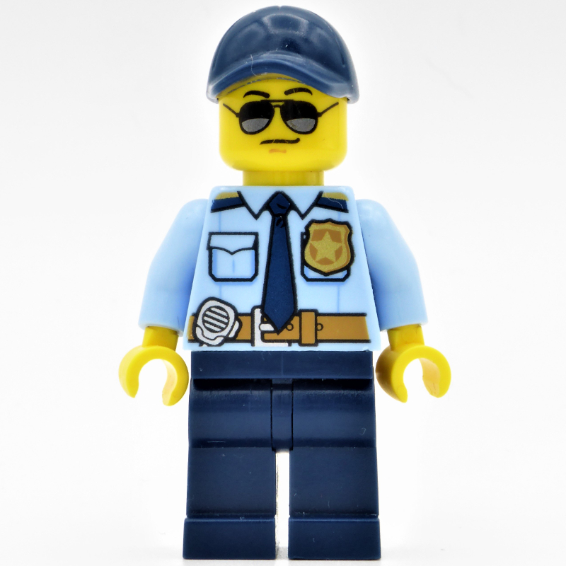 LEGO Policeman, Bright Light Blue Shirt with Dark Blue Tie, Badge, and Radio on Belt, Dark Blue Cap, Sunglasses (fig-001924)
