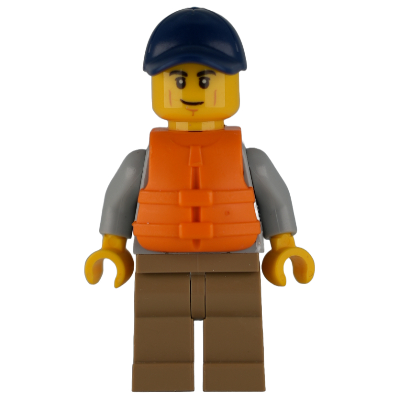 LEGO Man, Light Bluish Gray Hoodie over Dark Red Shirt, Dark Tan Legs, Dark Blue Cap, Orange Life Vest (fig-001925)