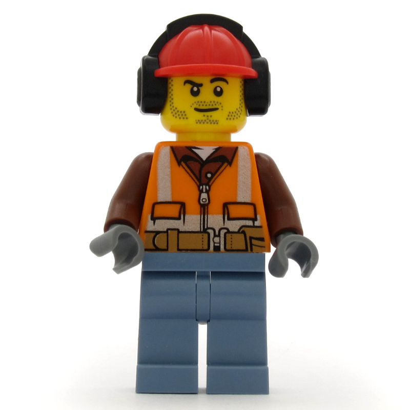 LEGO Construction Worker, Orange Safety Vest with Zipper over Reddish Brown Shirt, Sand Blue Legs, Red Hard Hat with Ear Defenders, Stubble (fig-001934)