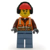 Construction Worker, Orange Safety Vest with Zipper over Reddish Brown Shirt, Sand Blue Legs, Red Hard Hat with Ear Defenders, Stubble