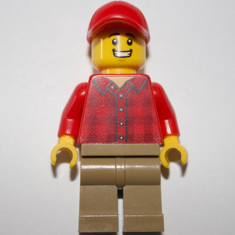 LEGO Man, Red Flannel Shirt, Dark Tan Legs, Red Cap (fig-001951)