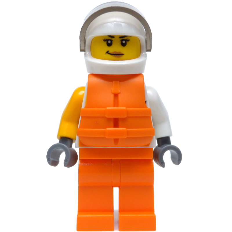 LEGO Racer, Woman, White and Orange Jumpsuit with 'VITA RUSH', White Helmet with Visor, Orange Life Vest (fig-001952)