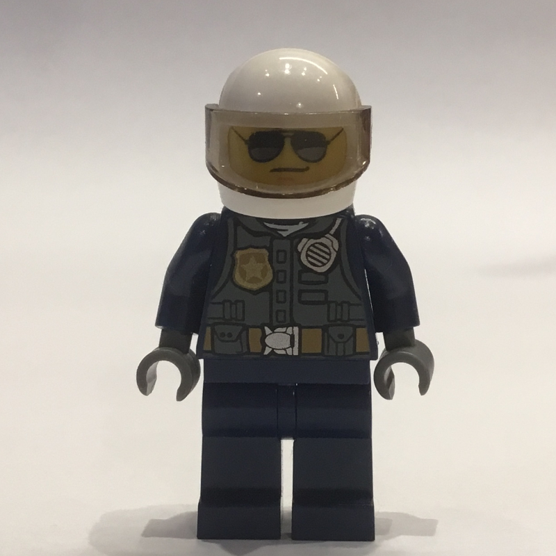 LEGO Policeman Tony Maverick, Dark Bluish Gray Vest with Radio and Badge over Dark Blue Shirt, White Helmet with Visor, Sunglasses (fig-001978)