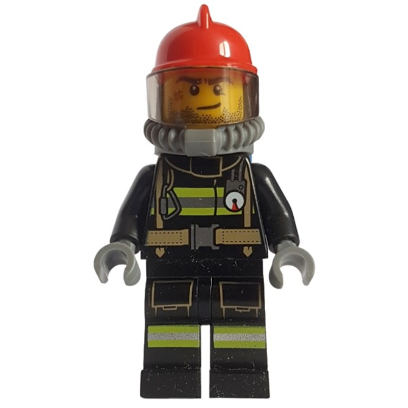 LEGO Fireman, Black Fire Suit with Gauge and Straps, Red Helmet, Breathing Apparatus, Airtanks, Stubble and Scar (fig-001982)