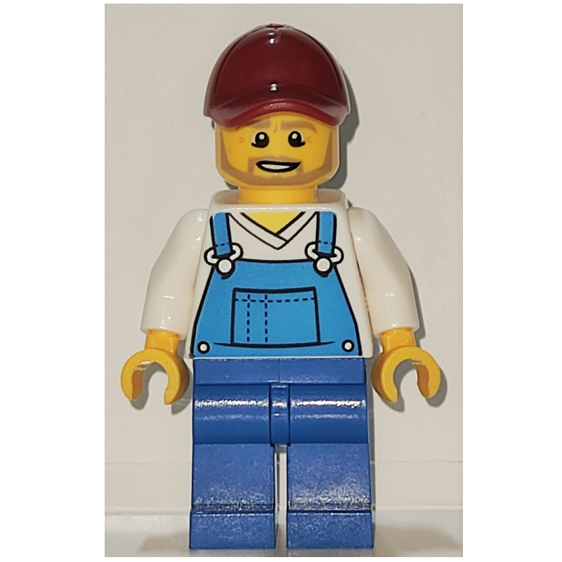 LEGO Man, Blue Overalls over White V-Neck Shirt, Dark Red Cap, Beard (fig-001989)