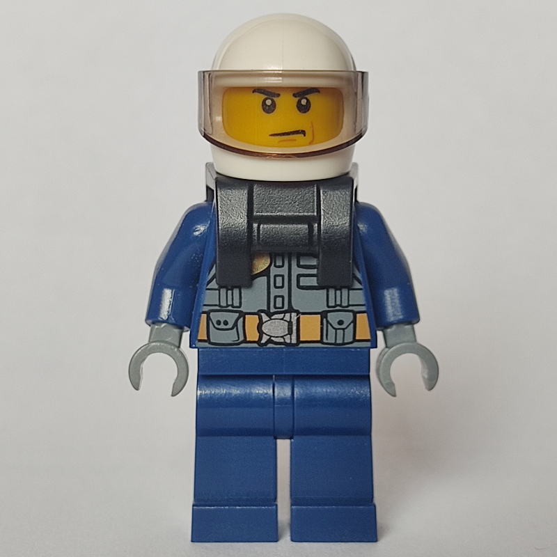 LEGO Policeman, Dark Bluish Gray Vest with Radio and Badge over Dark Blue Shirt, White Helmet with Visor, Neck Bracket (fig-002021)