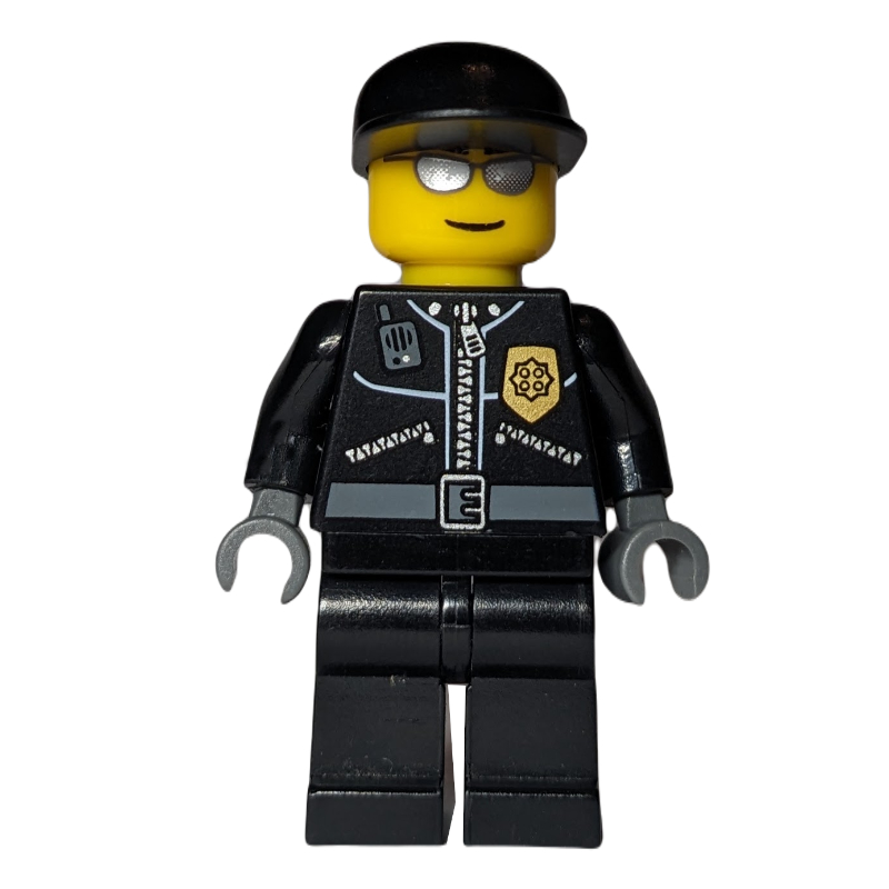 LEGO Policeman, Black Jacket with Pocket and Badge, Black Cap, Silver Sunglasses Print (fig-002038)