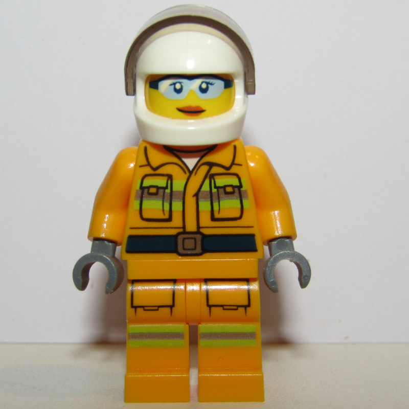 LEGO Firewoman, Bright Light Orange Fire Suit, White Helmet with Visor, Light Blue Sunglasses (fig-002043)