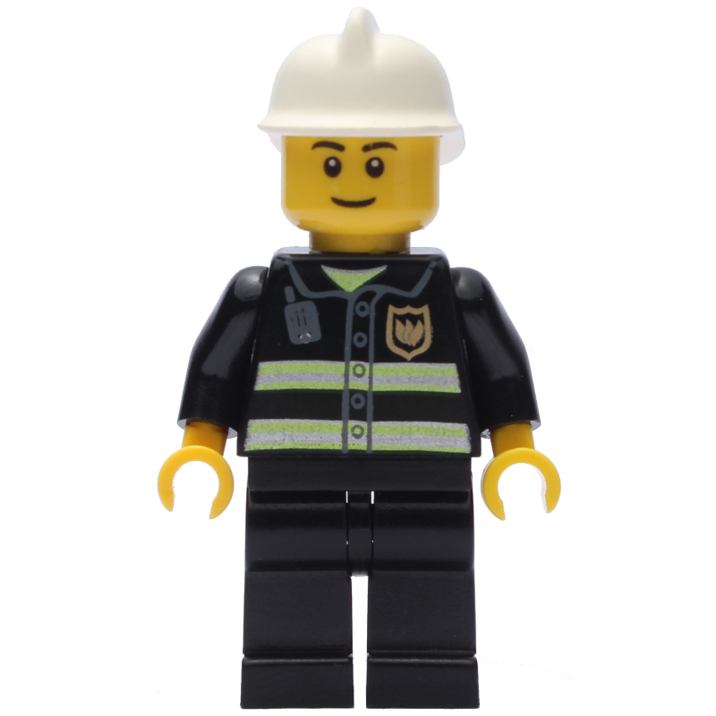 LEGO Fireman, Black Fire Jacket with Reflective Stripes, Radio, and Badge, White Helmet (fig-002051)