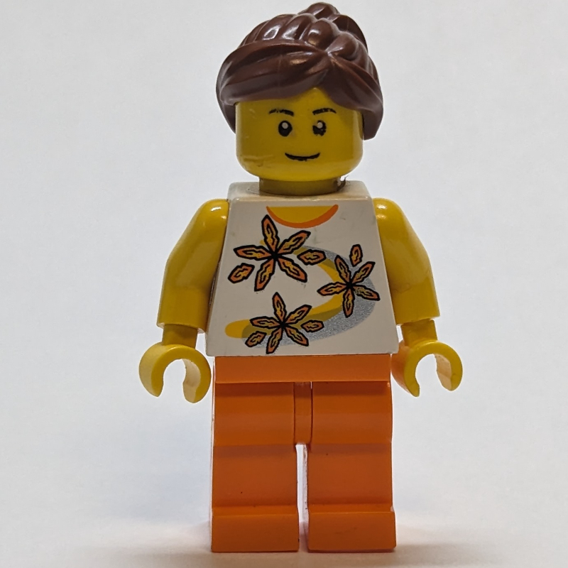 LEGO White Torso with Flowers, Orange Leg, Dark Brown Ponytail (fig-002052)