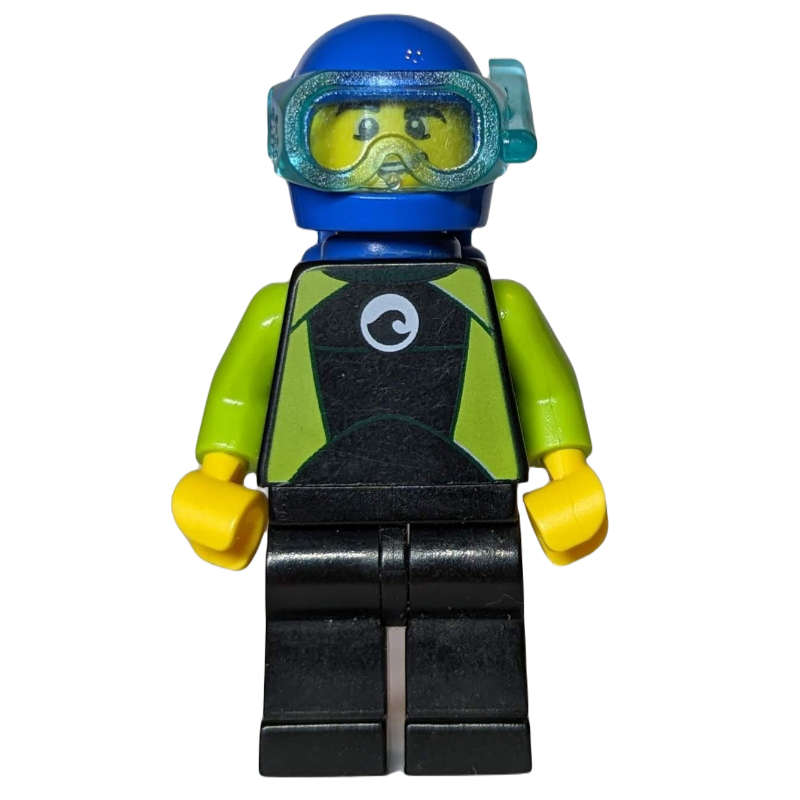 LEGO Diver, Man, Black and Lime Wetsuit, Blue Helmet and Mask (fig-002061)