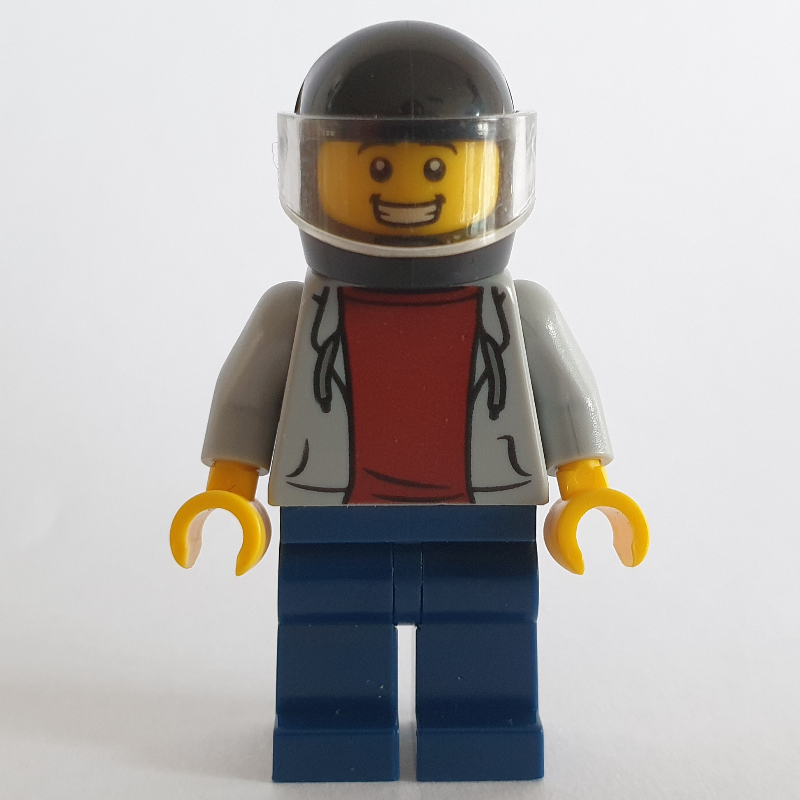 LEGO Man, Light Bluish Gray Hoodie over Dark Red Shirt, Dark Blue Legs, Black Helmet with Visor (fig-002095)