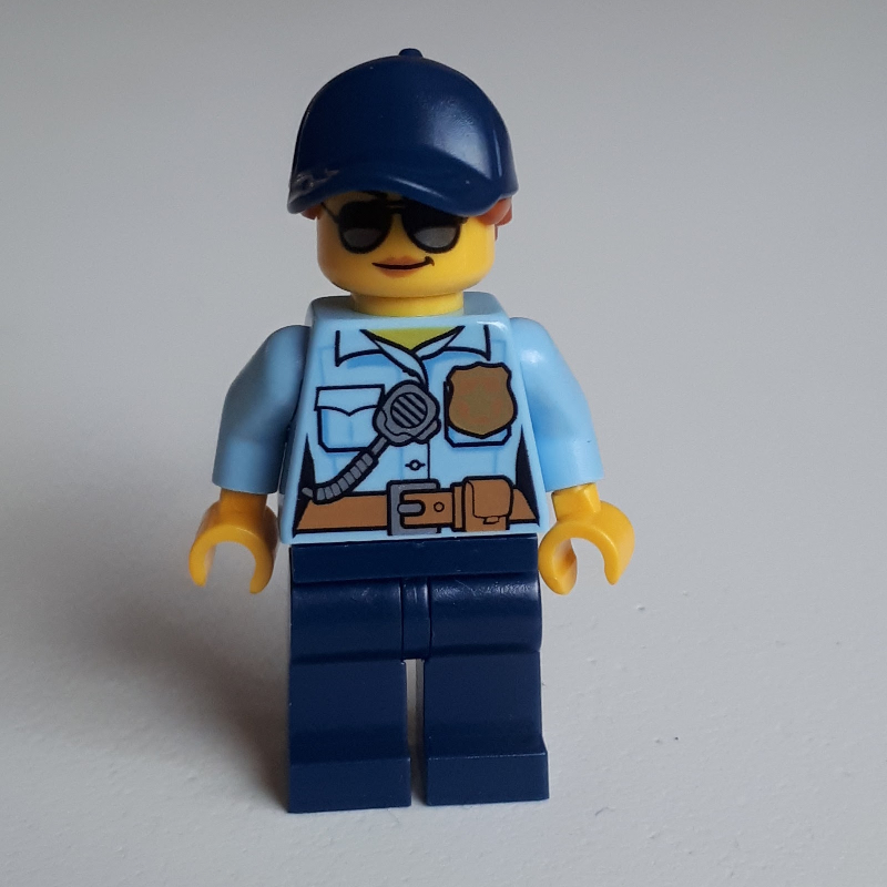 LEGO Policewoman Sam Solo, Bright Light Blue Shirt with Radio and Badge, Dark Blue Legs, Dark Blue Cap with Hair, Sunglasses (fig-002100)