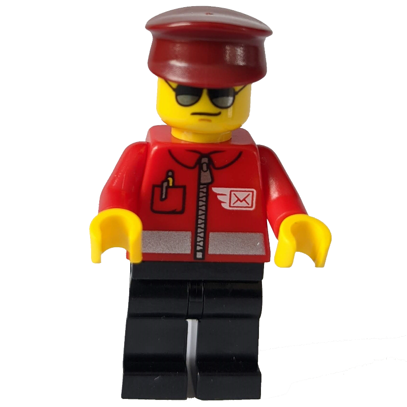 LEGO Postal Worker, Red Jacket with Winged Letter Logo, Black Legs, Dark Red Hat, Sunglasses (fig-002115)