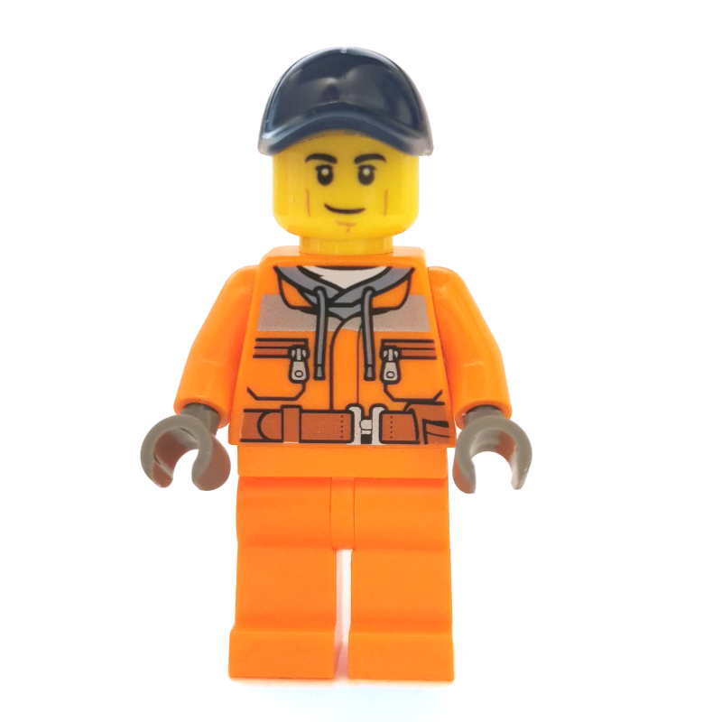 LEGO Construction Worker, Safety Jacket over Hoodie with Belt, Orange Legs, Dark Blue Cap (fig-002117)
