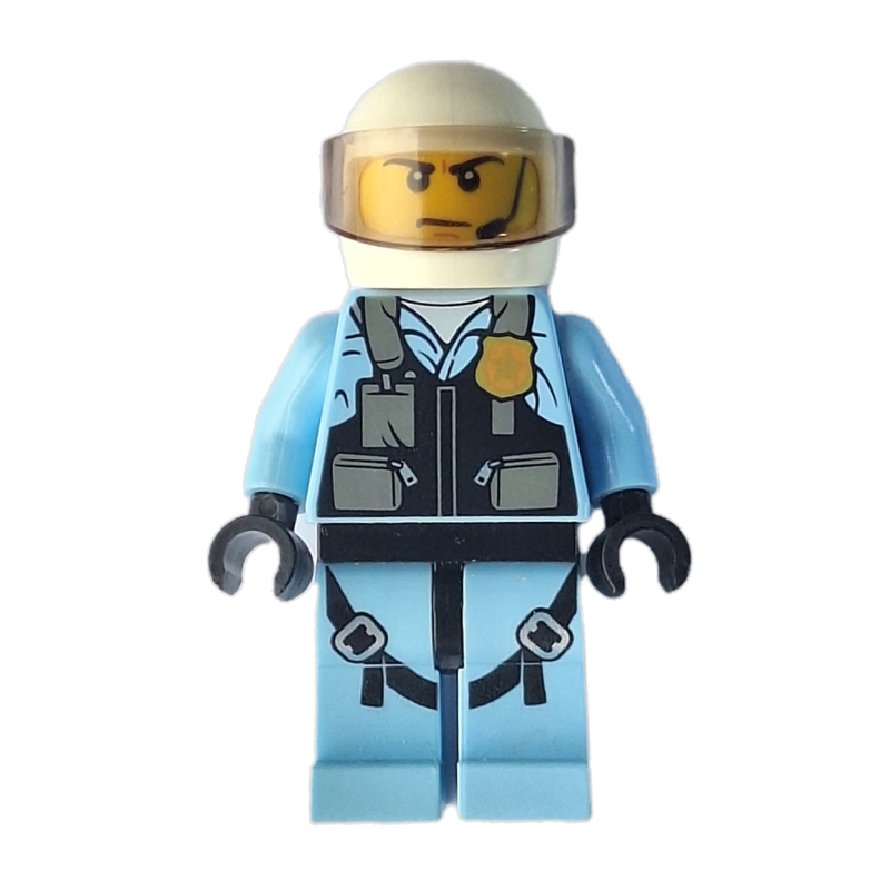 LEGO Policeman, Black Vest with Badge and Pouches over Bright Light Blue Shirt, White Helmet with Visor (fig-002119)