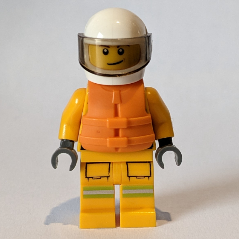 LEGO Fireman, Bright Light Orange Fire Suit, White Helmet with Visor, Orange Life Vest (fig-002120)