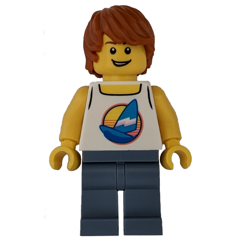 LEGO Surfer, White Tank Top with Windsurfer, Sand Blue Legs (fig-002121)