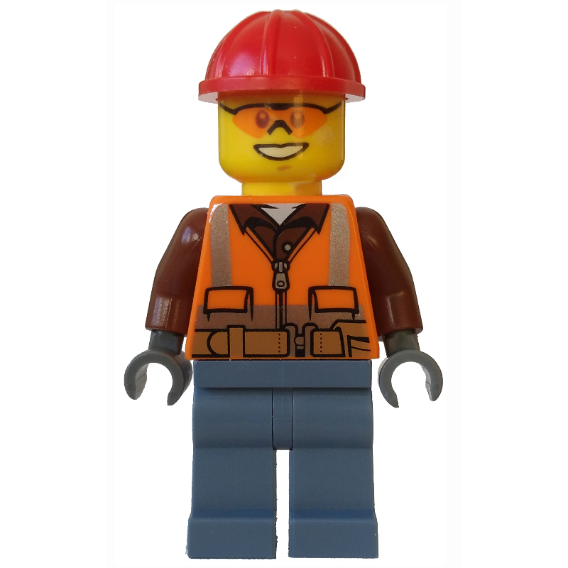 LEGO Lumberjack, Orange Safety Vest with Zipper over Reddish Brown Shirt, Sand Blue Legs, Red Hard Hat, Orange Safety Glasses (fig-002132)