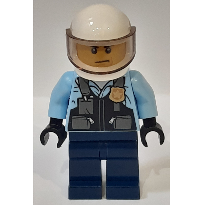 LEGO Policeman, Black Vest with Badge and Pouches over Bright Light Blue Shirt, Dark Blue Legs, White Helmet with Visor (fig-002137)