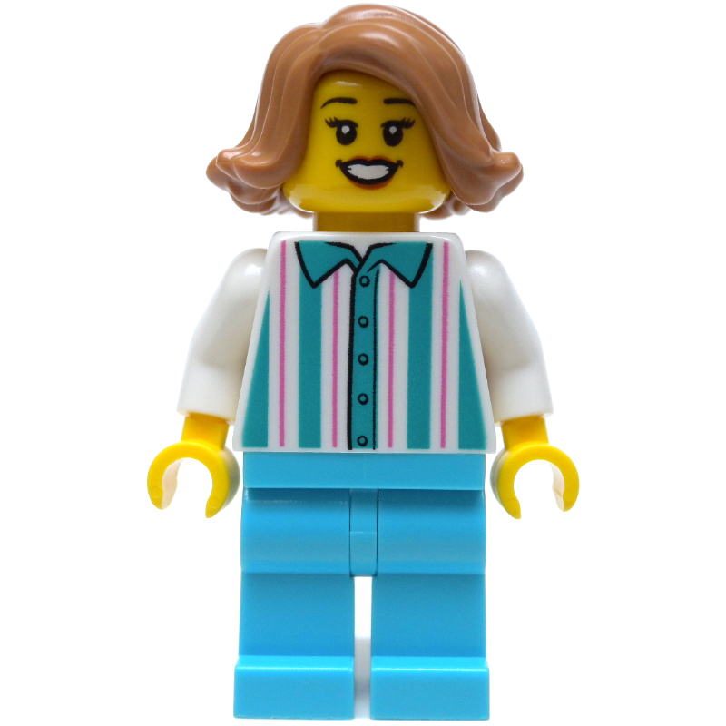 LEGO Woman, Shirt with White and Dark Turquoise Stripes, White Legs, Medium Nougat Hair (fig-002154)