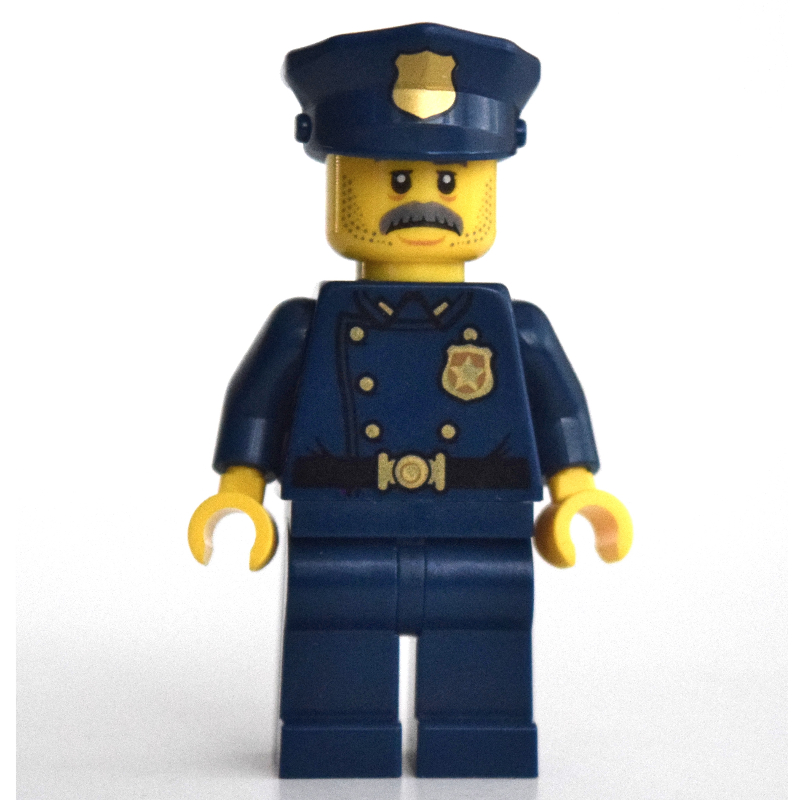 LEGO Policeman, Dark Blue Suit with Large Lapels and Gold Buttons, Police Hat, Moustache (fig-002663)