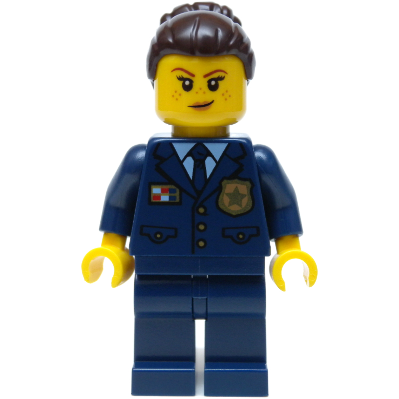 LEGO Policewoman, Dark Blue Suit and Tie, Dark Brown Bun Hair (fig-003389)