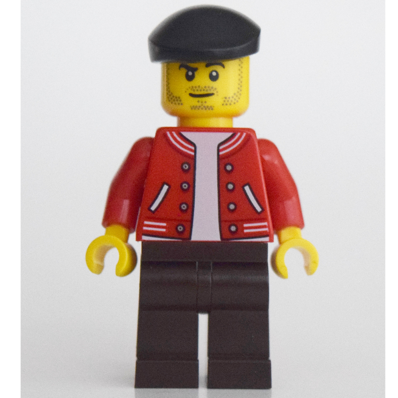 LEGO Man, Red Letterman Jacket, Dark Brown Legs, Black Beret (fig-003753)