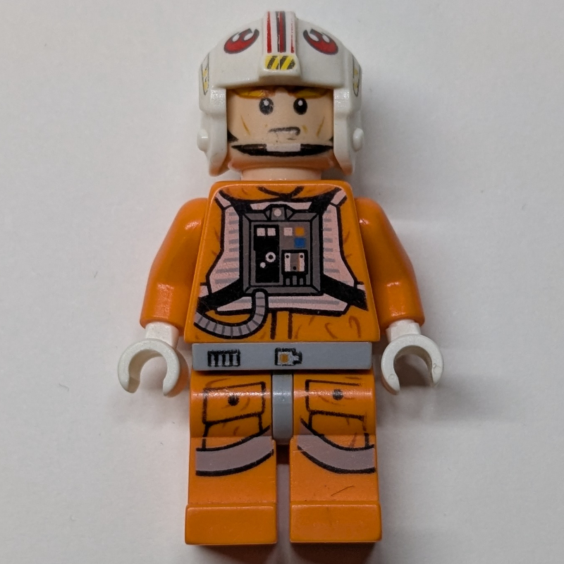 LEGO Luke Skywalker, Orange Rebel Pilot Outfit, Light Bluish Gray Hips, White Hands, Visor on Both Sides of Head (fig-004077)